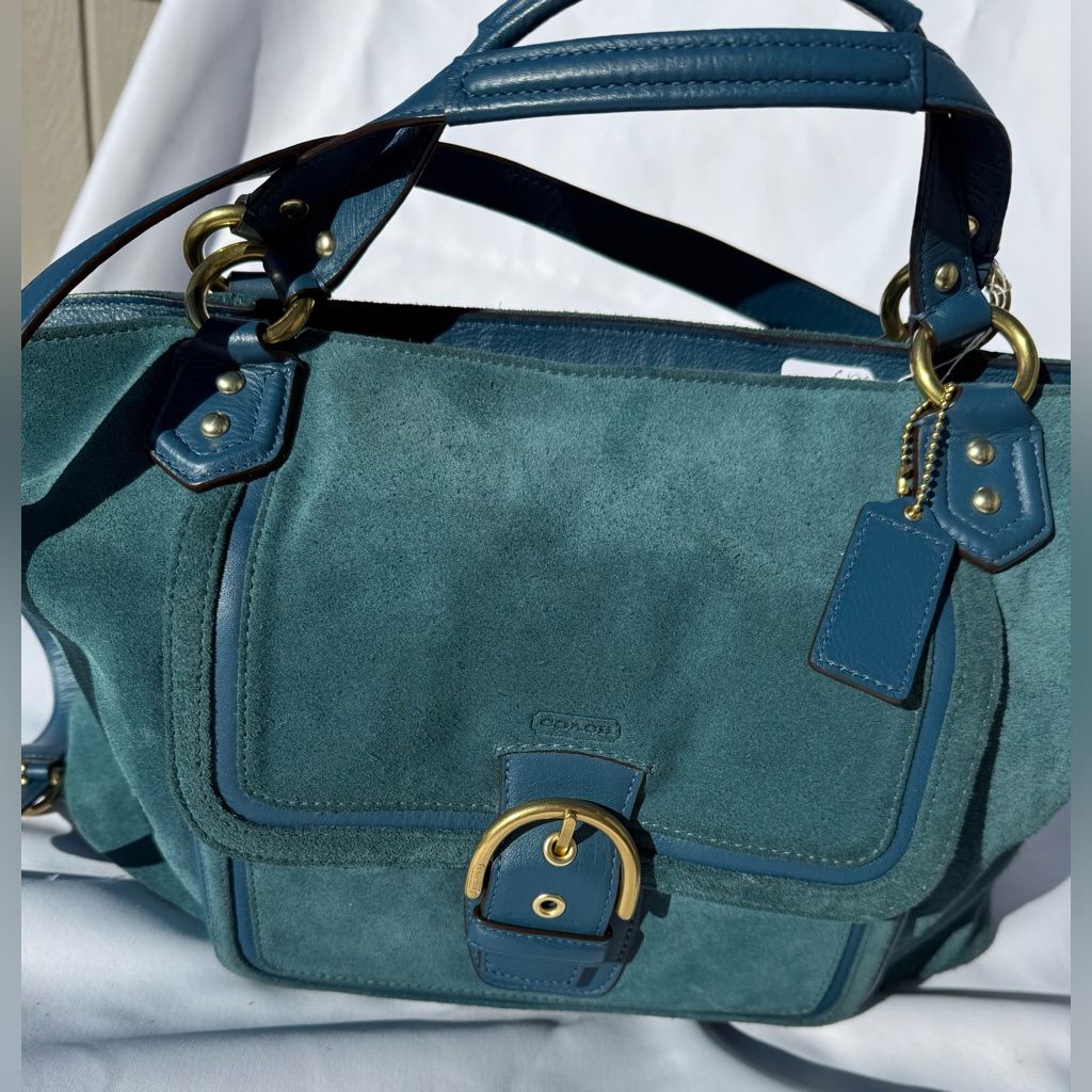 Coach Campbell Suede Belle Teal Suede Blue Leather Trim Brass Hardware 26800